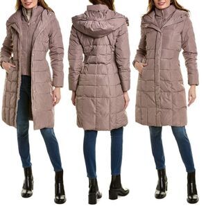Cole Haan Quilted Mid-Length Down Puffer Coat with Attached Hood